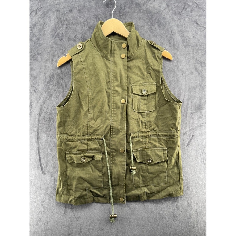 W Womens Olive Green Utility Vest Cargo Pockets Cinched Waist Medium